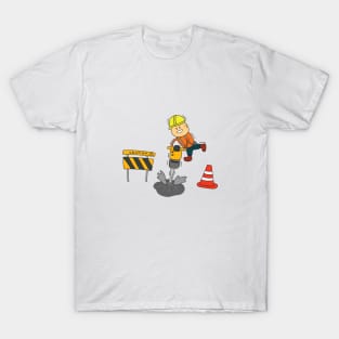 Kids drawing of funny construction worker drilling road with jack hammer T-Shirt